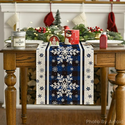 Artoid Mode Buffalo Plaid Snowflakes Blue Christmas Table Runner, Seasonal Winter Kitchen Dining Table Decoration for Home Party Decor 13x120 Inch