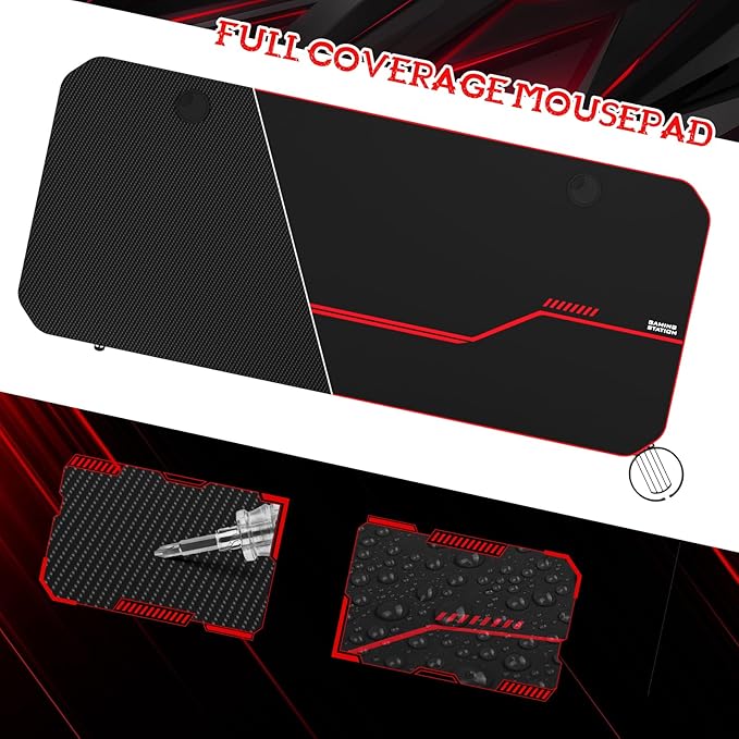 55'' Gaming Desk, Multi-Use Home Office T-Shaped Computer Workstation, Carbon Fiber Surface PC Study Table, Full Cover Mousepad, Drink Holder, Wire Holes, Headphone Hook, Cable Tray, Red