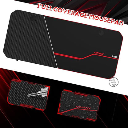55'' Gaming Desk, Multi-Use Home Office T-Shaped Computer Workstation, Carbon Fiber Surface PC Study Table, Full Cover Mousepad, Drink Holder, Wire Holes, Headphone Hook, Cable Tray, Red