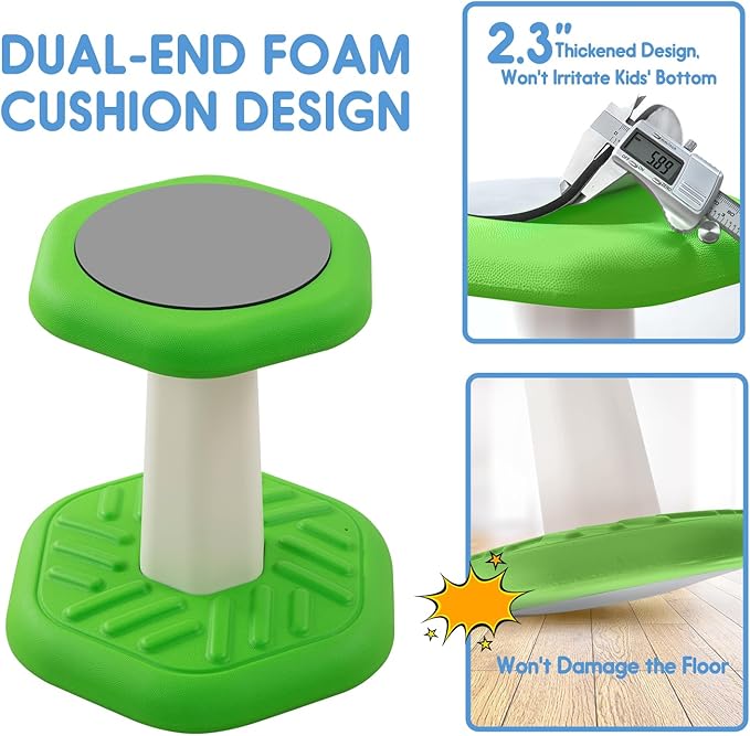 Kids Wobble Stool Chair Seat, Flexible Classroom Seating Improves Focus, Posture & Helps ADHD/ADD. Wobble Stools for Classroom Seating, Ages 3-8, Blue+Green
