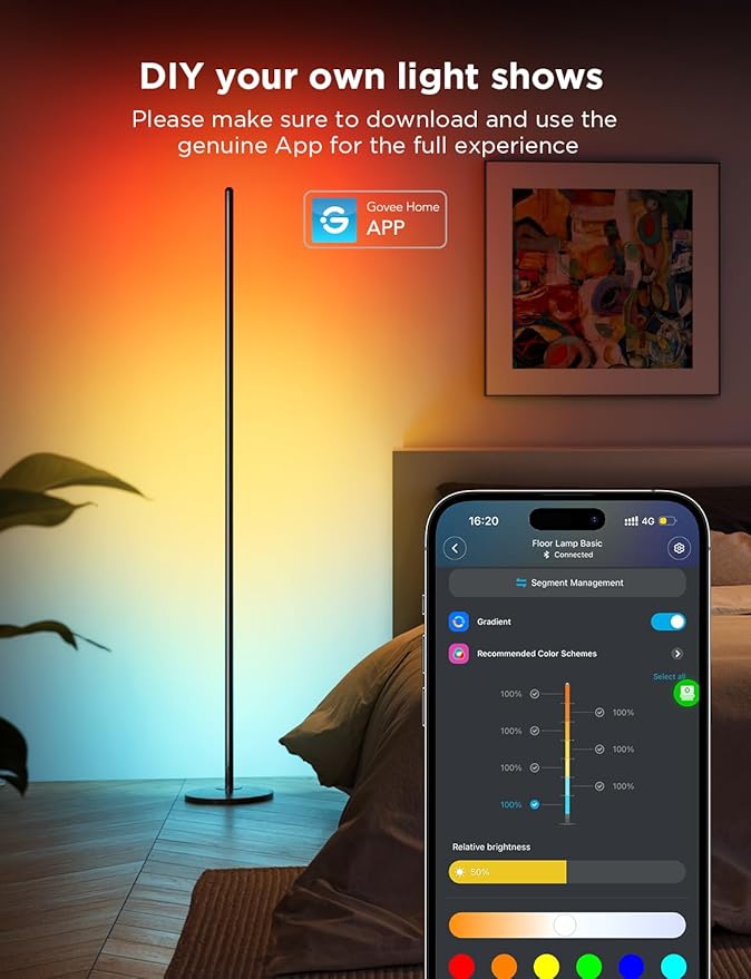 Govee RGBIC Floor Lamp, LED Corner Lamp Works with Alexa, 1000 Lumen Smart Modern Floor Lamp with Music Sync and 16 Million DIY Colors, Color Changing Standing Floor Lamp for Bedroom Living Room Black