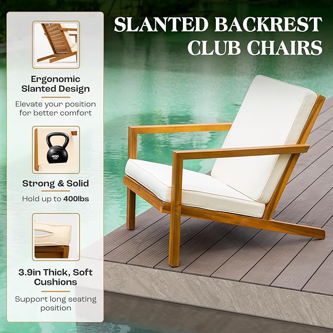 Eleve 400lbs Capacity Outdoor Set of 2 with Wooden Side Table, FSC Certified Acacia Wood Patio Furniture Set for Firepit Porch, Large, Slanted Backrest Club Chair
