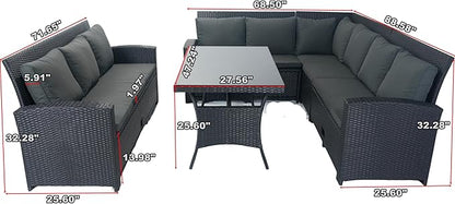5 Pieces Outdoor Rattan Patio Furniture Sectional, Seater Conversation Set with 3 Storage Under Seat Wicker + Dark Grey Cushion for Backyard, Deck, Poolside, Zl-Black