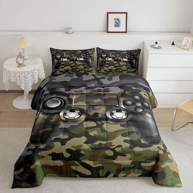 Feelyou Kids Gamer Comforter Set Camouflage Gaming Bedding Set for Boys Teens Green Black Camo Video Game Decor Comforter Gamer Console Quilt King Size Duvet Quilted 3Pcs Boys