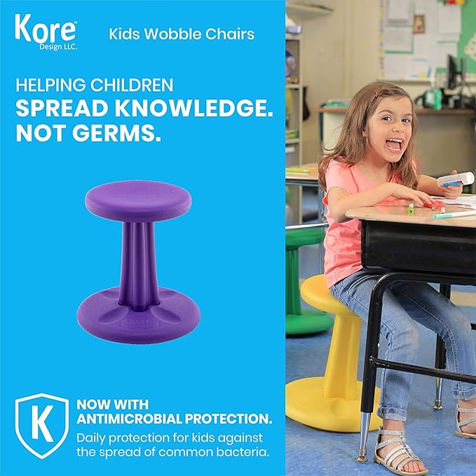 Kore Kids Wobble Chair - Flexible Seating Stool for Classroom & Elementary School, ADD/ADHD - Made in The USA - Age 6-7, Grade 1-2, Purple (14in)