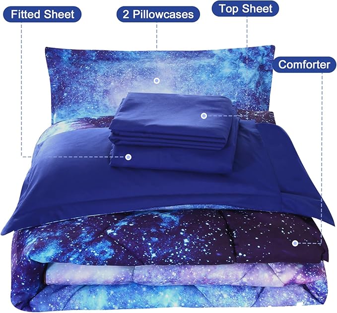 Wowelife Galaxy Bedding Twin Outer Space Comforter Set 5 Pieces Blue Cosmic Galaxy Bed Set Kids Bed in A Bag Twin for Teen Boys and Girls with Comforter, Flat Sheet, Fitted Sheet and 2 Pillowcases