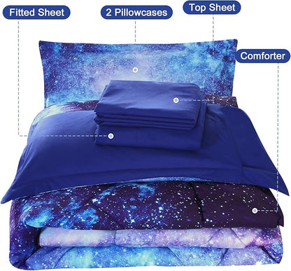 Wowelife Galaxy Bedding Sets for Girls and Boys 5-Piece Queen Size, Premium 3D Outer Space Galaxy Comforter Set Blue, Comfortable and Soft for Kids and Adults(Queen-5 Piece, Blue Galaxy)