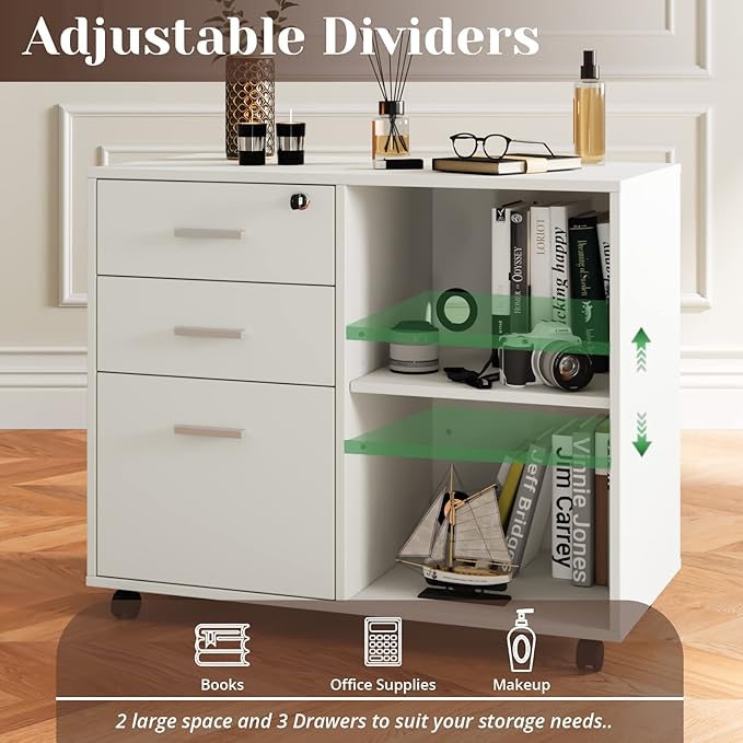Maxtown Wood Filing Cabinet, Mobile Lateral Filing Cabinet with Lock, 3 Drawer Filing Cabinet with Open Storage Shelves, Printer Stand with Storage, White