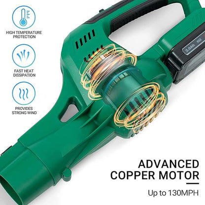 20V Cordless Leaf Blower with Battery and Charger, Leaf Blower Battery Operated, Rechargeable Electric Handheld Leaf Blower Variable Speed with 2 Tubes for Patio, Leaves Blowing-Green