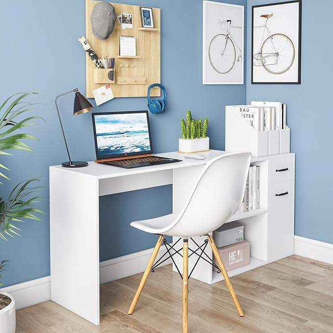 L-Shaped Rotating Computer Desk 68 inch with Storage Shelves Home Office Corner Desk with Drawers and File Cabinet Multipurpose Study Writing Table for Bedroom Small Space White