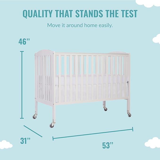 Folding Full Size Convenience Crib In White, Two Adjustable Mattress Height Positions, Comes With Heavy Duty Locking Wheels, Flat Folding Crib