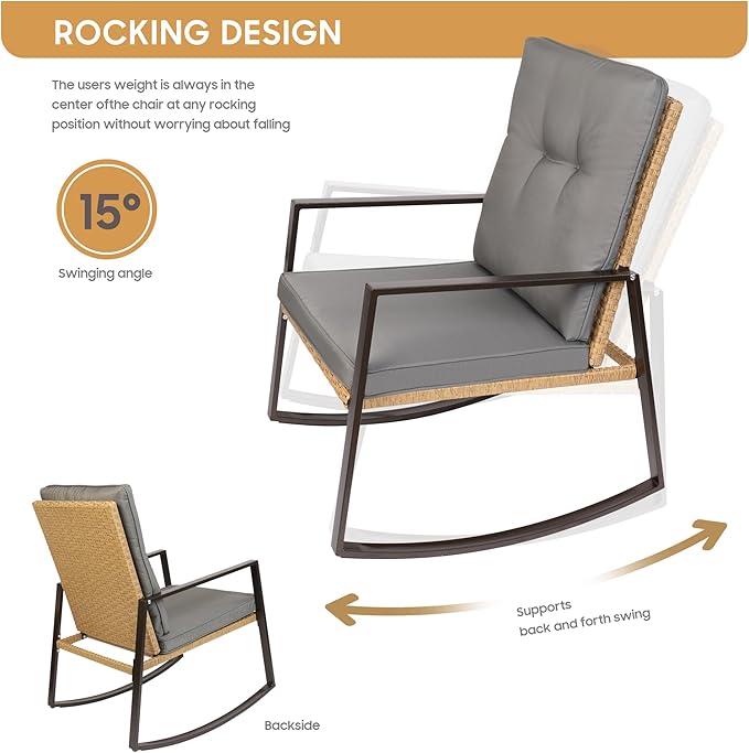 YIYAN 3 Piece Bistro Set Outdoor Patio Rocking Wicker Chairs, Patio Outdoor Furniture Conversation Sets with Porch Chairs,Coffee Table and Washable Cushion(Gray)