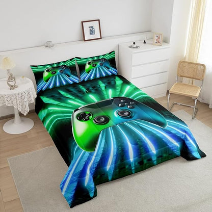 Erosebridal Green Blue Gamepad Comforter Set, Game Player Bedding Set Queen Size Modern Gamer Gaming Down Comforter Neon Trippy Quilt Set for Kids Boys Girls Teens Young Man Room Decorative