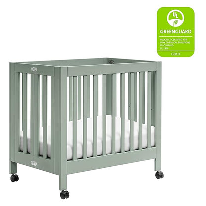 Babyletto Origami Mini Portable Crib Folding with Wheels in Light Sage, 2 Adjustable Mattress Positions, Greenguard Gold Certified