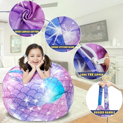 Stuffed Animal Storage Bean Bag Chair Cover, Hold Kids Plush Toys Blankets Towels Beanbag (Cover Only), Floor Circle Stuff Sit Seat Sofa with YKK Zipper, Extra Large 38", Classic Mermaid
