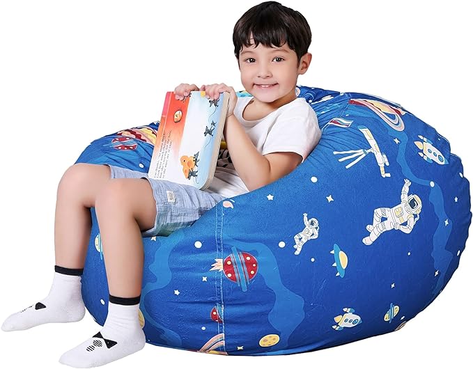 Lukeight Stuffed Animal Storage Bean Bag Chair Cover for Kids, Zipper Beanbag Chair Cover for Organizing Toddler & Kids' Rooms Plush Toys (Outer Space Velvet, Large)