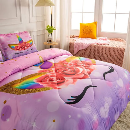 Unicorn Full Bedding Sets for Girls Kids Comforter Set Full Size with 2 Pillowcases Purple Unicorn Room Decor for Girls Bedroom Ultra Soft Machine Washable Toddler Bed Set