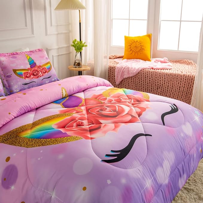 Unicorn Queen Bedding Sets for Girls Kids Comforter Set Queen Size with 2 Pillowcases Purple Unicorn Room Decor for Girls Bedroom Ultra Soft Machine Washable Toddler Bed Set