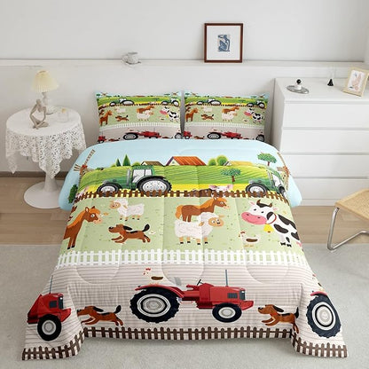 Tractor Bedding Sets for Boys Twin Size Toddler Kids Cute Cartoon Farm Animals Comforter Set Girls Children Farmhouse Country Down Comforter for All Season Colorful Room Decor Nature Theme Duvet Set