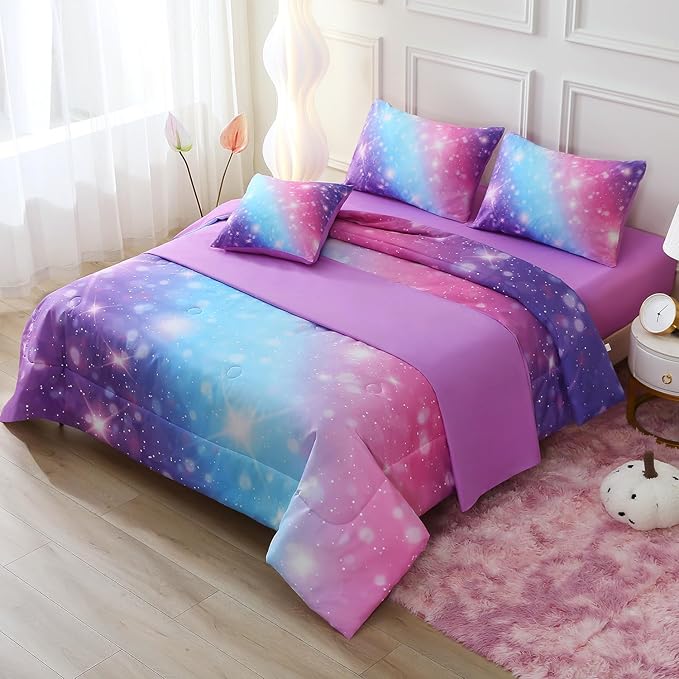 JQinHome Glitter Bedding Set Full Size,6 Piece Bed in A Bag 3D Colorful Rainbow Galaxy Comforter Set for Girls Kids-All Season Microfiber Tie-Dye Bedding Sets(Blue Purple)