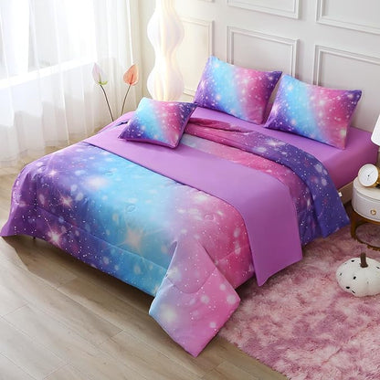 JQinHome Glitter Bedding Set Queen Size,6 Piece Bed in A Bag 3D Colorful Rainbow Galaxy Comforter Set for Girls Kids-All Season Microfiber Tie-Dye Bedding Sets (Blue Purple)