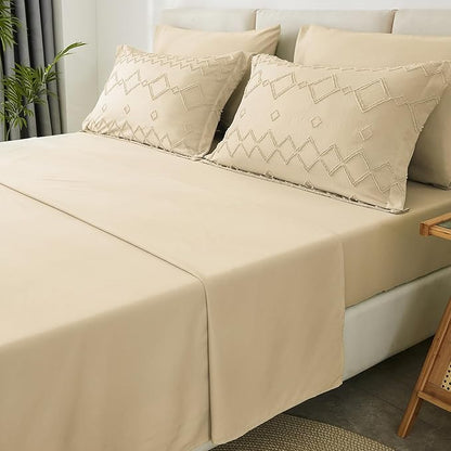 EMME Twin Comforter Set - 5 Pcs Beige Boho Bedding Sets, Tufted Comforter with Sheets, Shabby Chic Embroidery Twin Bed Set Fluffy Bed Bag for All Season(68"X90")