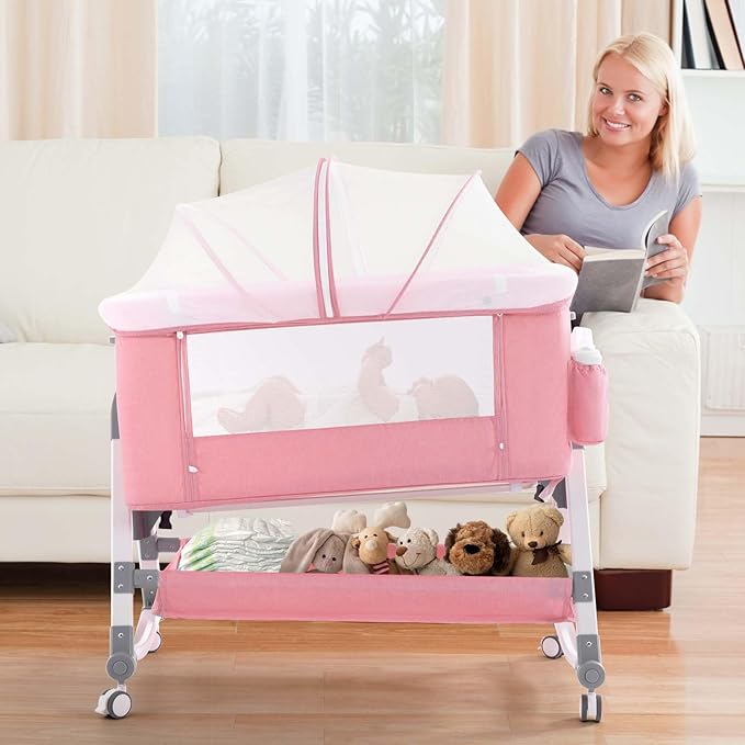 4 in 1 Baby Bassinet, Rocking Bassinets Bedside Sleeper with Comfy Mattress and Wheels, Height Adjustable Easy Folding Portable Bedside Crib for Newborn Infant,Pink