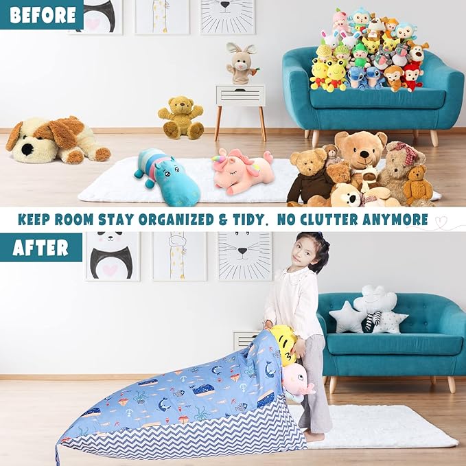 Stuffed Animal Storage Bean Bag Chair Cover, Cotton Blue Marine Life Plush Toy Storage Stuff and Sit Seat for Kids/Teens/Adults,52" x 31" Extra Large Triangle Floor Sofa, 200L/52Gal,Cover Only