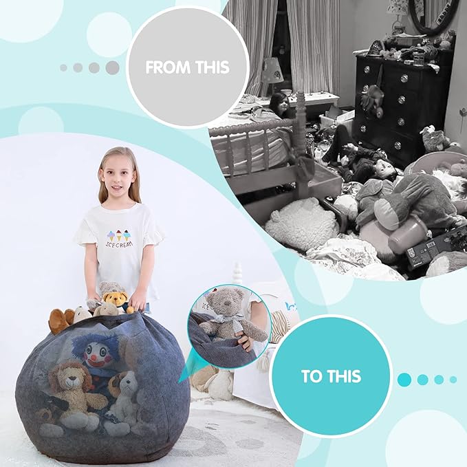 Stuffed Animal Storage Bean Bag Chair Cover (No Filler) for Kids and Adults.Soft Premium Corduroy Stuffable Beanbag for Organizing Children Plush Toys or Memory Foam Small 100L (Dark Grey)