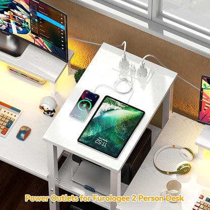 Furologee Charging Station for White 2 Penson Desk with LED Lights and Monitor Stand