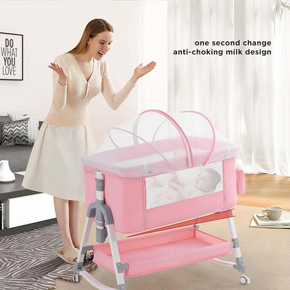 4 in 1 Baby Bassinet, Rocking Bassinets Bedside Sleeper with Comfy Mattress and Wheels, Height Adjustable Easy Folding Portable Bedside Crib for Newborn Infant,Pink