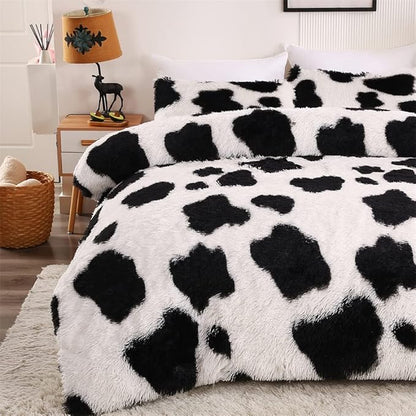 Faux Fur Kids Girls Cow Print Comforter Sets Queen - 3PC Bed Set Warm Comfortable Soft Plush Flannel Velvet Fluffy Fuzzy Bedding（Comforter x 1 Pillowcases x 2）