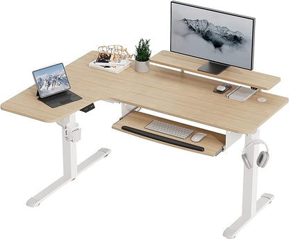 EUREKA ERGONOMIC Standing Desk Adjustable Height 61" Electric Sit Stand Computer Desk L Shaped with Keyboard Tray,Monitor Stand &LED, Dual Motor Memory Presets Sit to Desk Adjustable Desk, Left/Maple