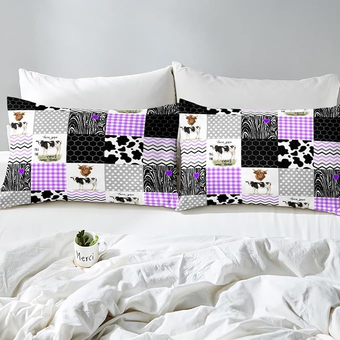 Erosebridal Cute Cow Print Comforter Set Queen Size Kawaii Highland Cow Bedding Set Bedroom Decor Honeycomb Plaid Pattern Geometric Stripes Down Comforter Farm Animals Duvet Set, Purple Black Grey