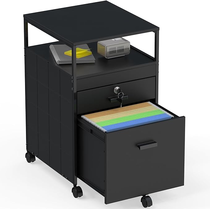 SHW Rolling File Cabinet w/ 2 Drawers & Open Shelf, Black