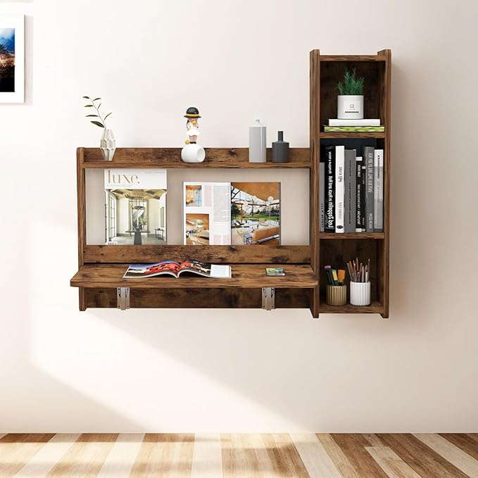 Pmnianhua Farmhouse Floating Desk,41''Wall Mounted Desk,L Shaped Folding Table,Fold Down Laptop Computer Table with Storage for Wall Bedroom Small Space (Rustic Brown-Right)