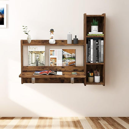 Pmnianhua Farmhouse Floating Desk,41''Wall Mounted Desk,L Shaped Folding Table,Fold Down Laptop Computer Table with Storage for Wall Bedroom Small Space (Rustic Brown-Right)
