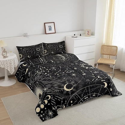 Sun and Moon Comforter Set Boho Exotic Bedding Set Galaxy Astrology Comforter for Boys Girls Children Teens Bedroom Decor Chic Cute Luxury Zodiac Signs Duvet Set Full Size Quilt Set