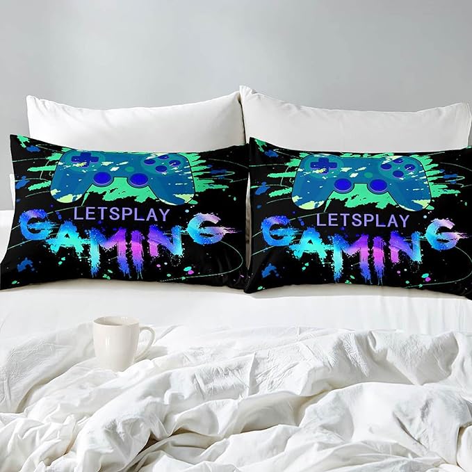 Game Comforter Set Fluffy Video Gaming Bedding Sets Gamer Room Decor Twin Size Colorful Black Gamepad Soft Game Bedding Set for Boys Teen 1 Comforter and 1 Pillowcase