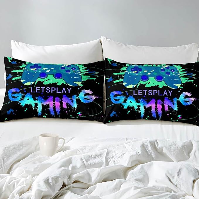 Game Comforter Set Video Gaming Bedding Sets Gamer Room Decor Full Size Colorful Black Gamepad Soft Game Bedding Set for Boys Teen 1 Comforter and 2 Pillowcases