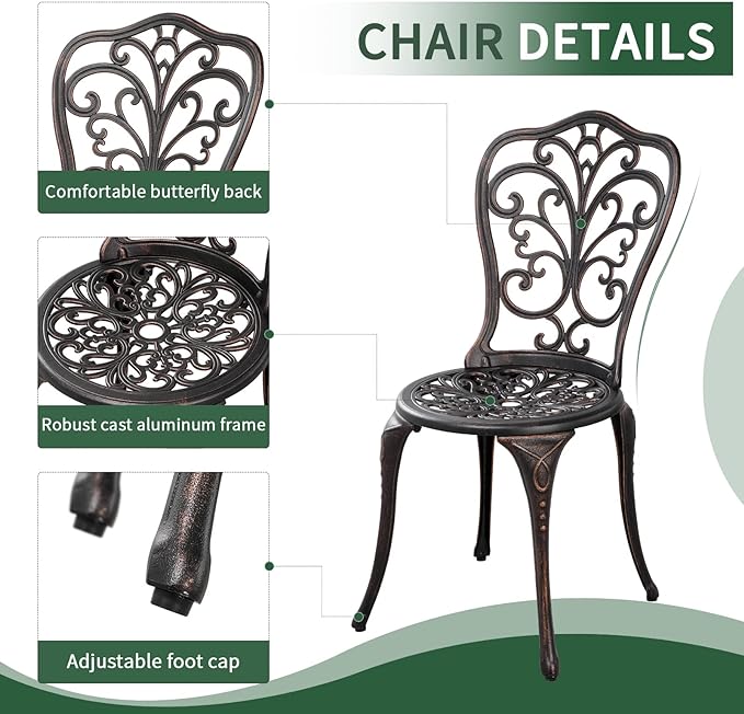 Outdoor Bistro Set 3 Piece Patio Bistro Set with Umbrella Hole, Weather Resistant Bistro Table and Chairs Set of 2 for Porch Garden, Bronze