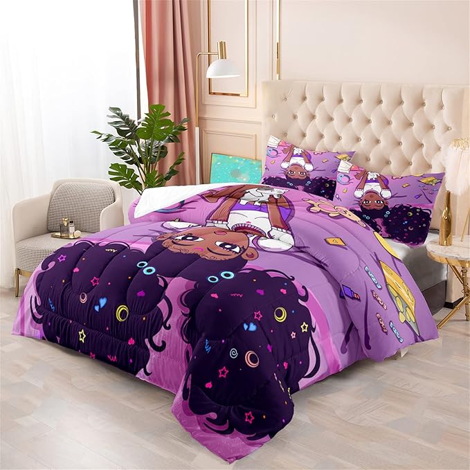 Girls Black Girls Comforter Sets for Teen Kids Adults African American Queen Size African American Girl Comforter Set for Girls Bedroom Cute Black Girls Bedding Set 1 Comforter 2 Pillowcases