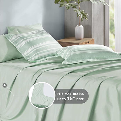 Codi Full Size Comforter Set with Sheets, Sage Green Bed in a Bag for Teen, 7 Piece Striped Bed Sets for All Seasons with 1 Comforter, 2 Pillow Shams, Flat Sheet, Fitted Sheet and 2 Pillowcases