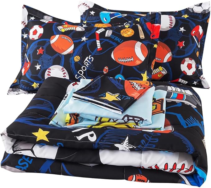 ADASMILE A & S Sports Comforter Set Twin for Boys Kids Bed in A Bag Comforter 6 Piece 3D Soccer Basketball Baseball Football Bedding Set for Kids Football Comforter with Sports Sheet Sets Home Decor
