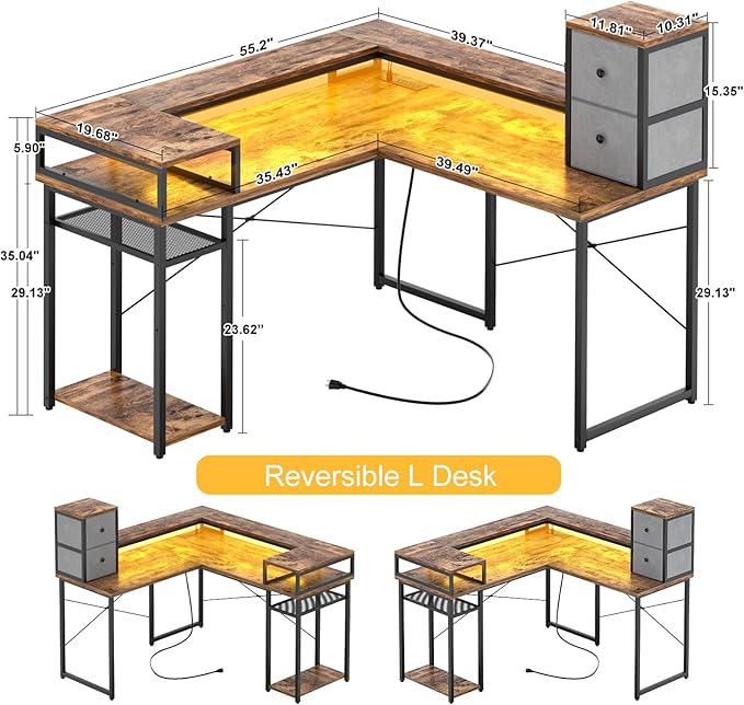armocity L Shaped Desk with Drawers, Reversible Corner Computer Desk with LED Light & Power Outlet, 55.2'' L-Shaped Gaming Desk with Long Monitor Shelf, Home Office Desk for Small Corner Space, Rustic