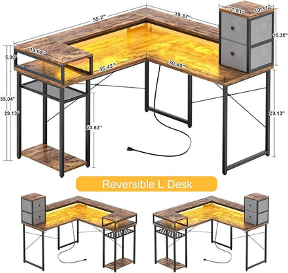 armocity L Shaped Desk with Drawers, Reversible Corner Computer Desk with LED Light & Power Outlet, 55.2'' L-Shaped Gaming Desk with Long Monitor Shelf, Home Office Desk for Small Corner Space, Rustic