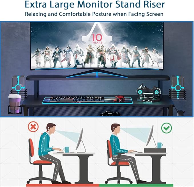 Gaming Desk, Computer Desk with Large Monitor Stand and Open Shelf,Gamer Table Workstation with Cup Holder, Headphone Hook, 2 Speaker Stand for Home Office (Black Carbon Fiber)