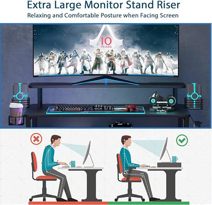 Gaming Desk, Computer Desk with Large Monitor Stand and Open Shelf,Gamer Table Workstation with Cup Holder, Headphone Hook, 2 Speaker Stand for Home Office (Black Carbon Fiber)