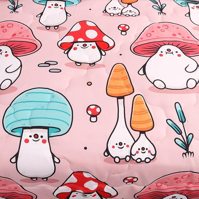 Wajade Kids Cute Mushroom Comforter Set Bed in A Bag Twin Size 7 Piece Pink Cartoon Mushroom Head Bedding Set for Girls (1 Comforter, 1 Flat Sheet, 1 Fitted Sheet, 2 Pillowcase and 2 Pillow Sham)