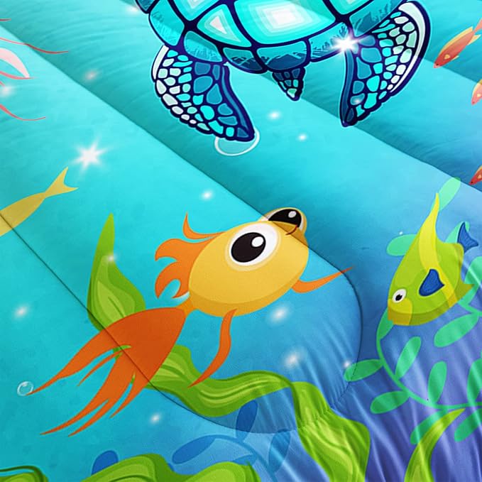 Turtle Comforter Set Queen Ocean Watercolor Sea Turtle Bedding Set Nautical Sea Animal Reptile Bed Set with 2 Pillowcases for Kids Room Decor
